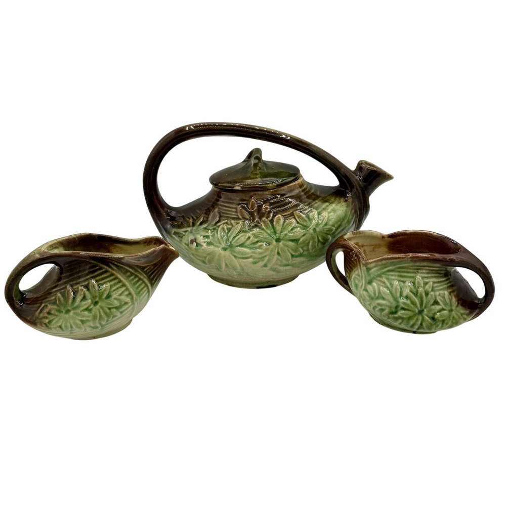 Vintage‎ 1940's MCM Signed McCoy Daisy Tea Teapot Creamer & Sugar Pottery Set